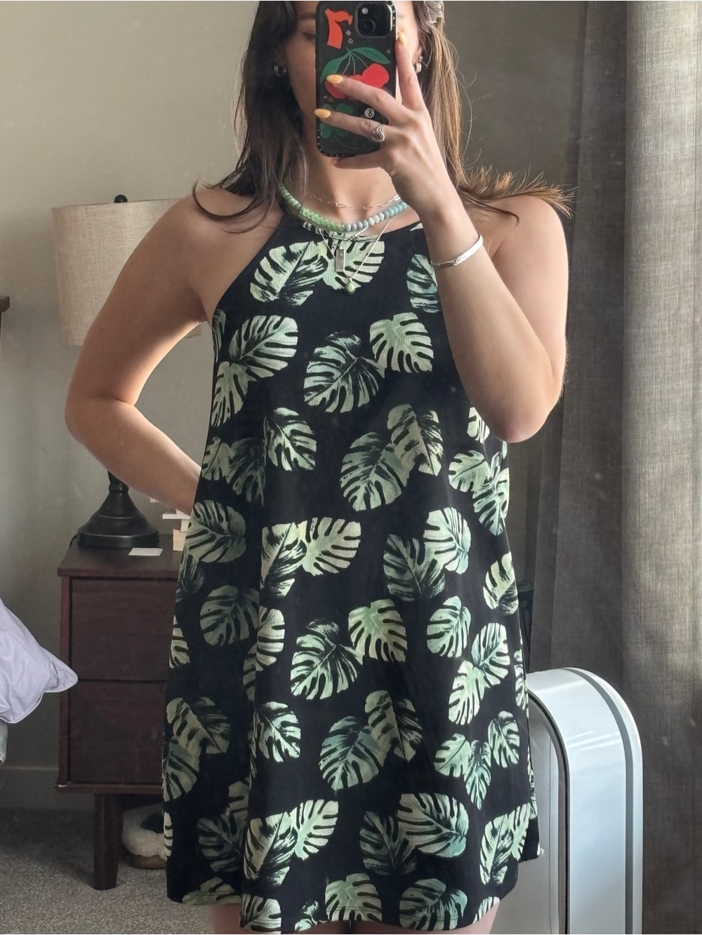 Forever 21 Vacation Black High Neck Mini Dress with Monstera Leaf Print